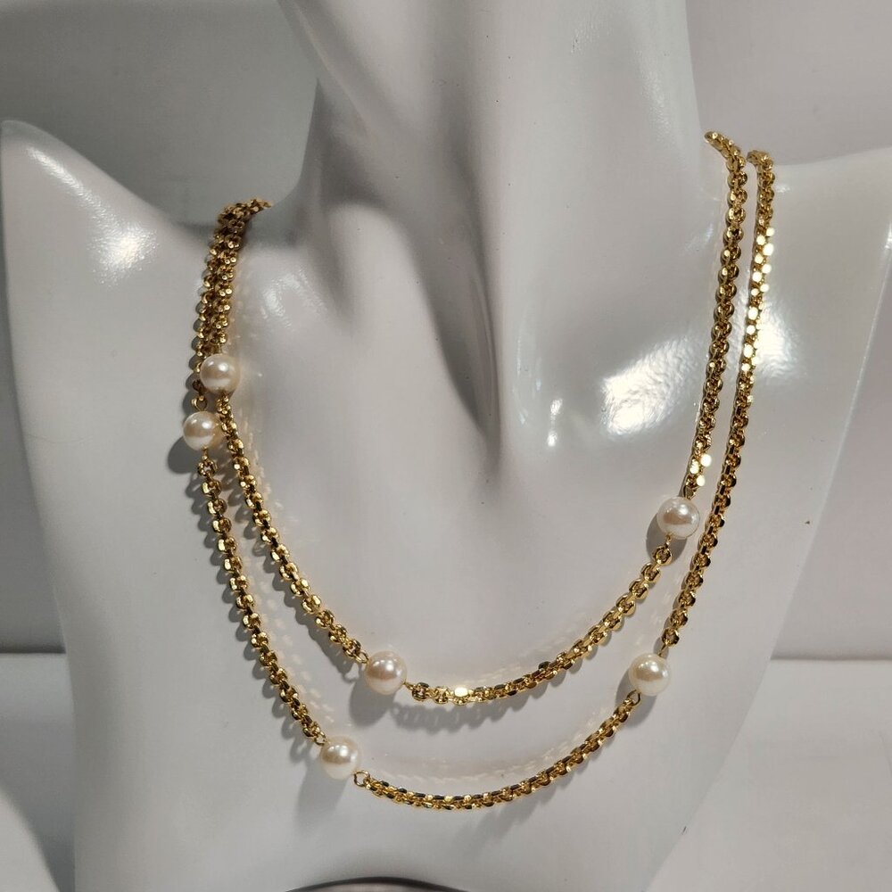 Vintage Gold Tone and 10 Faux Pearls 36" Necklace No Clasp